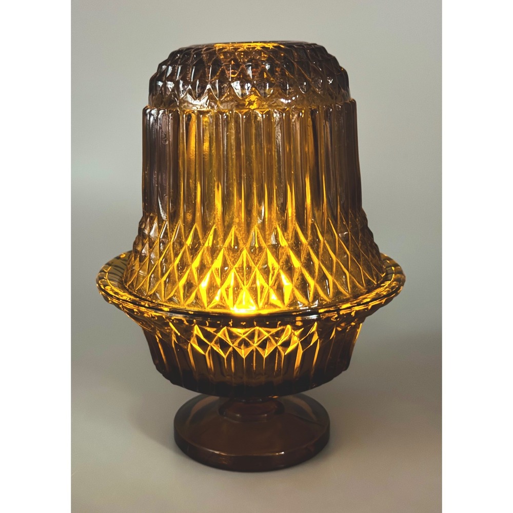 Indiana Glass Fairy Lamp Amber Diamond Point Vintage Votive Candle Holder - Picture 2 of 8